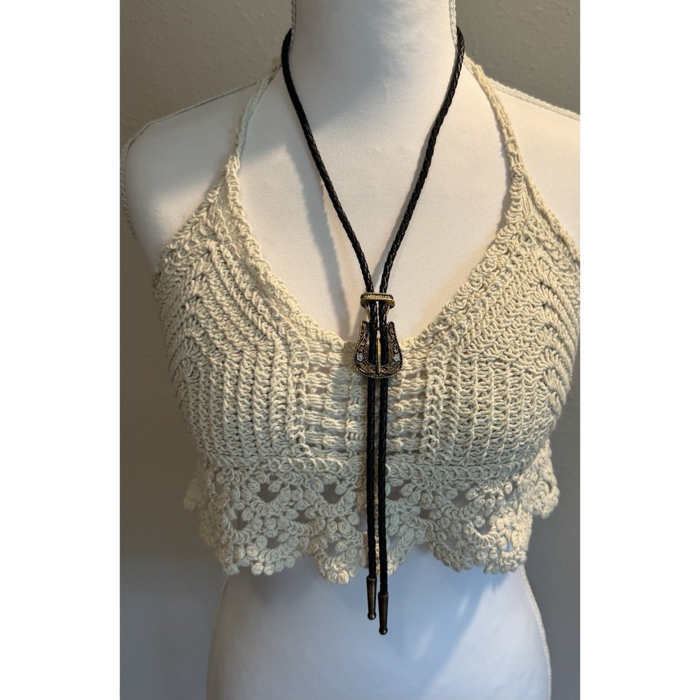 Vintage Western Bolo Tie Black Braided Cord Engraved Slide Cowboy Cowgirl Rodeo